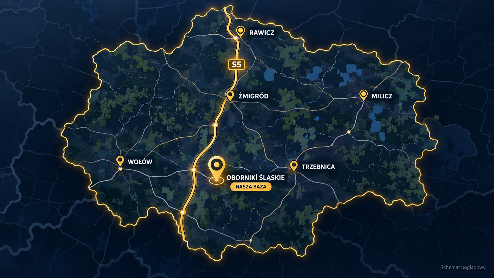 Mapa poglądowa obszaru działania pomocy drogowej: Oborniki Śląskie, Trzebnica, Żmigród, Rawicz, Milicz, Wołów i trasa S5